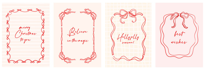 Merry Christmas card set with retro hand-drawn doodles, bow and ribbon frames, stripes, and vintage typography. Ideal for holiday banners, posters, and cover templates