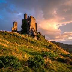 Fototapeta premium Ruined castle atop a grassy hill at sunset