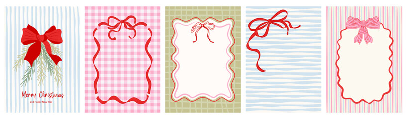 Christmas greeting card collection featuring charming retro hand-drawn doodle artwork. Decorative bow and ribbon borders, striped accents, and elegant vintage typography. Ideal for holiday banners