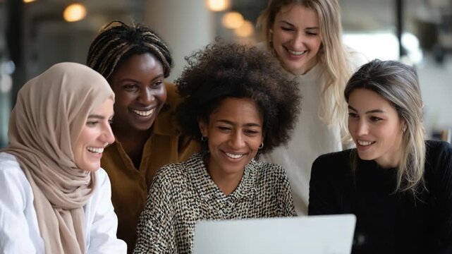 Women Collaborating: A dynamic group of women of diverse ethnicities engage in a collaborative activity. Focus on the positive expression and group's collaboration.