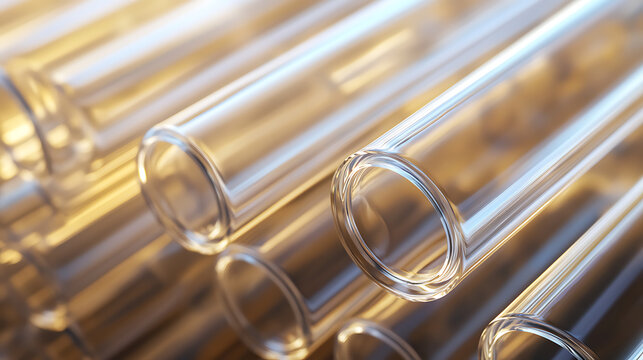 A collection of clear glass tubes arranged in parallel. The tubes gleam with reflected light, creating a bright and polished aesthetic. Precision and purity are visualized.