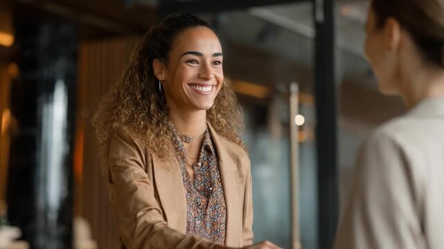Business Greeting: Two colleagues warmly greet each other, a picture of professional and social harmony, showcasing the essence of relationship and collaborative success.