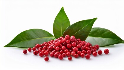Fresh Pink Peppercorns And Green Leaves Isolated On White Background