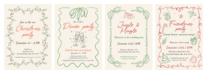 Set of Hand-drawn Christmas invitation template for cocktail parties. Perfect for Jingle and Mingle events. Charming, coquette style with festive motifs