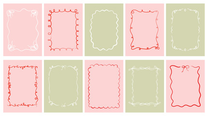 Pink and green Christmas border in vintage doodle style with bow, ribbon, and lights. Ideal festive frame for invitations, posters, placards, and holiday design projects