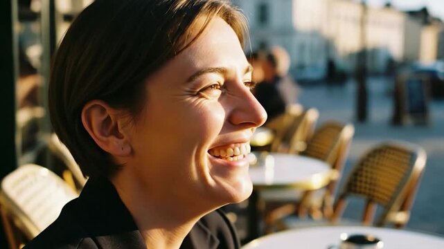 Smiling woman relaxing outdoors cafe enjoying urban lifestyle sunshine