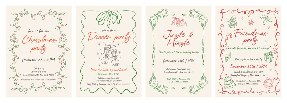 Set of Hand-drawn Christmas invitation template for cocktail parties. Perfect for Jingle and Mingle events. Charming, coquette style with festive motifs