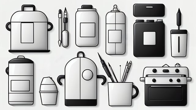 A collection of cartoon style kitchen and office items in black and white tones