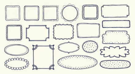 Collection of hand-drawn doodle frames and borders in various shapes, vintage sketch style vector illustration