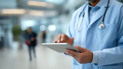 male healthcare professional holding digital tablet with stethoscope hanging on neck bright hallway muted chatter innovative hospital three quarter wide angle cinematic color corr - Powered by Adobe