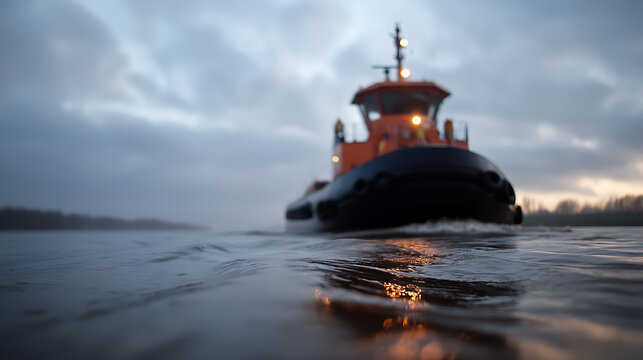 Early morning river adventure with the tugboat cutting through the water. Waves reflecting light, under a sky hinting at sunrise. A powerful vessel on the horizon. - Powered by Adobe