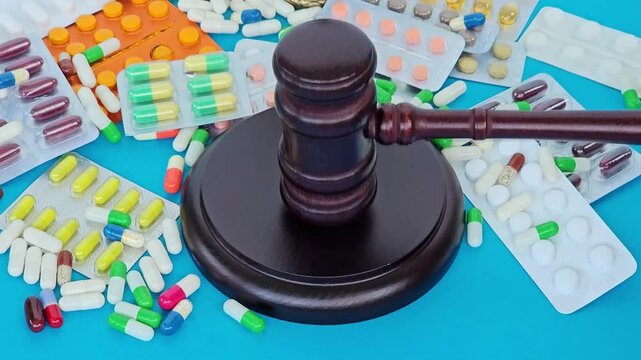 Multicolored pills and a judge gavel on a table. Medical law and drug trafficking
