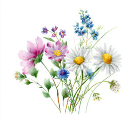 Hand-painted floral artwork with wildflowers and tender stems in pink, lilac, and yellow hues. The watercolor design radiates freshness and romantic elegance.