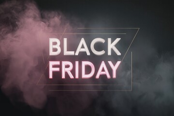 Neon text Black Friday against black background with smoke plumes, light leaks, and lens flares