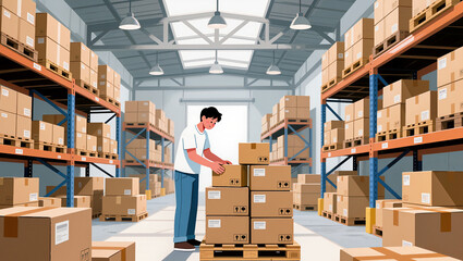 Worker organizes boxes in a spacious warehouse setting