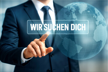 Businessman pointing at virtual interface with german text &ldquo;Wir suchen dich&rdquo; &ndash; global recruitment. Digital job search, international talent, modern recruiting