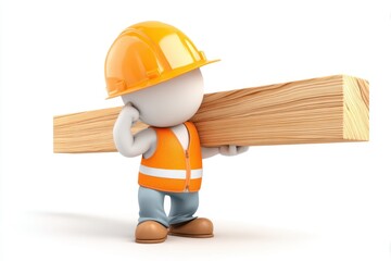 Cartoon construction worker carrying a wooden beam