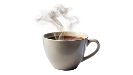 A steaming cup of black coffee isolated on transparent background is perfect for morning