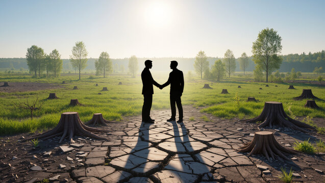 Business agreement between two individuals in a deforested landscape