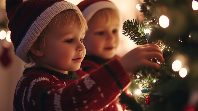 Two young children, adorned in festive hats and sweaters, joyfully decorate a Christmas tree, their faces lit by the warm glow of holiday lights, creating a heartwarming scene.