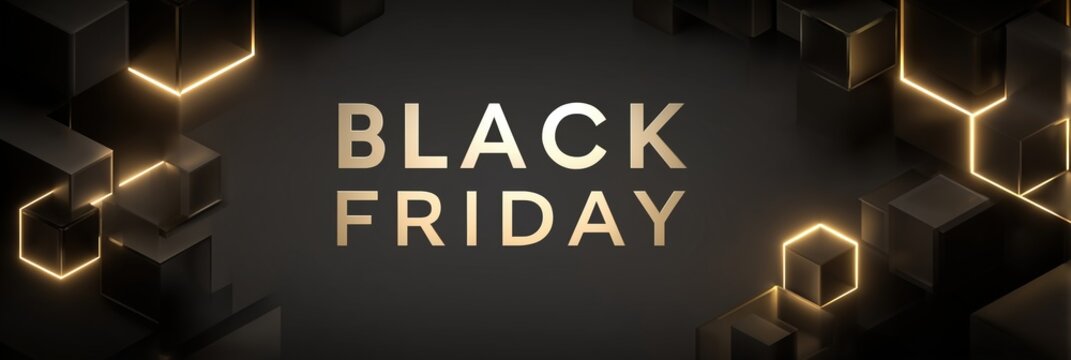 Black Friday text on dark backdrop surrounded by dynamic black and gold cubes in futuristic style