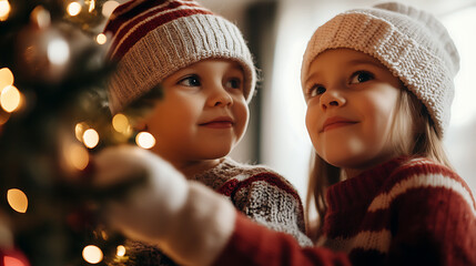 Two children, wearing knit hats, decorate a Christmas tree with lights, creating a warm, festive scene. The kids' expressions reflect holiday joy and anticipation.