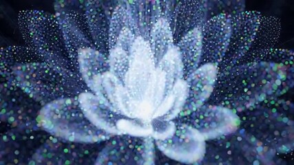 Stunning luminous digital flower blooming with vibrant iridescent particles in dark cosmic void, symbolizing growth and transformation, perfect for abstract concepts and futuristic themes.