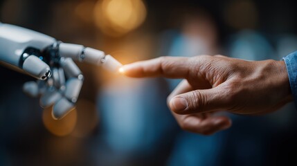 Robot hand and faceless human hand touching digital graph interface 3D rendering human machine interaction AI collaboration technological connection digital partnership with