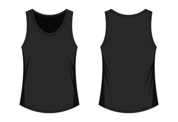 Black sleeveless tank top mockup vector. Front and back view, Technical flat fashion template for boys and men’s apparel.