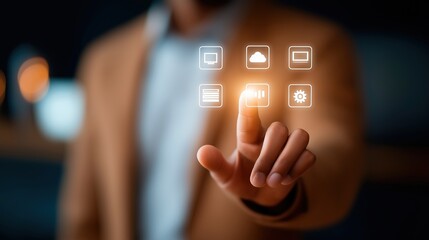 Faceless handsome person holding hologram screen displaying modern cloud based web system technology cloud computing digital infrastructure web services online platform with