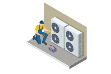 Fototapeta na wymiar Isometric industrial air conditioning system with ventilation fans. Concept of HVAC technology, energy, and climate control. Technician with HVAC system