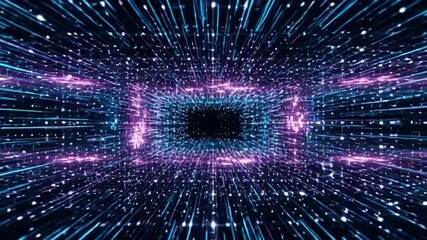 Dynamic digital data stream tunnel with vibrant blue and purple light trails, representing futuristic technology and abstract data flow in a captivating motion sequence. - Powered by Adobe