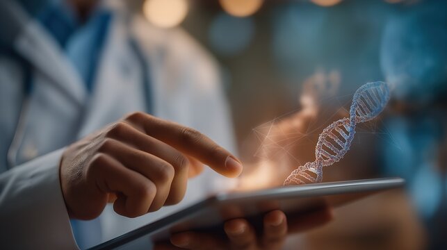 Faceless medicine doctor touching electronic medical record on tablet DNA visualization digital healthcare network connection on hologram modern virtual screen interface medical
