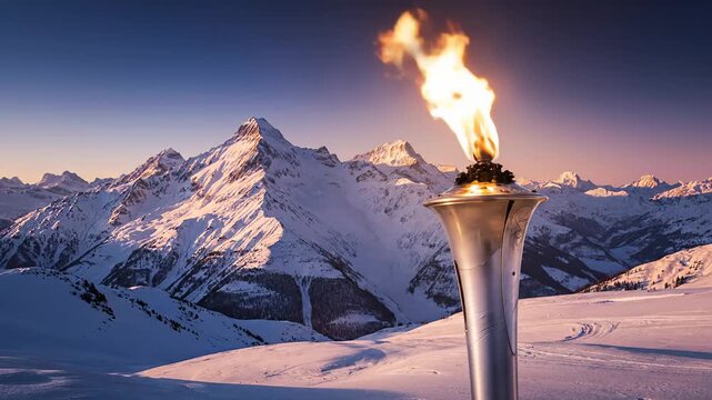 The fiery Olympic torch with a radiant flame representing the spirit of global athletic competition. Majestic snowy alpine mountains in the distance creating a stunning backdrop