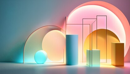 Pastel Bauhaus Inspired Backdrop With Glowing Semi Transparent Geometric Shapes