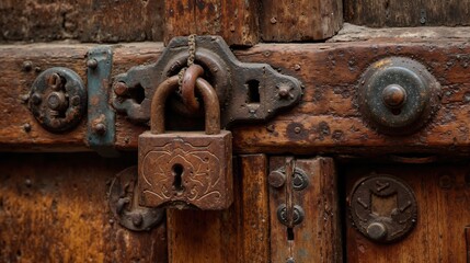 Fototapeta premium Rustic vintage wooden door with antique iron padlock and weathered texture