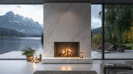 Modern living room with mountain lake view and elegant marble fireplace design