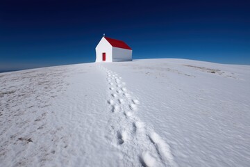 A Beacon in the Snow: A solitary chapel stands sentinel atop a snow-covered hill under a vibrant blue sky, footprints leading to its welcoming red door.