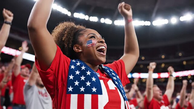 Enthusiastic woman fan proudly displaying the American flag on her face, enthusiastically rooting for her team at a packed arena during a championship game