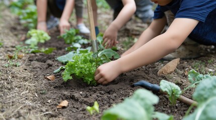 Fototapeta premium Gardening Together: A group of children diligently tending a vegetable garden, their hands carefully nurturing young plants amidst rich soil, emphasizing growth and environmental care.