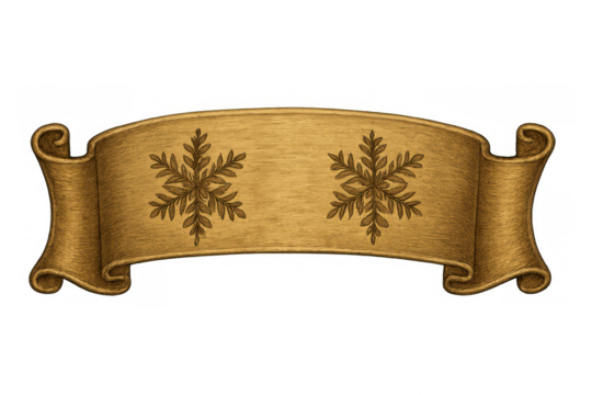 Golden winter holiday scroll banner with engraved snowflakes, vintage christmas design element having transparent background