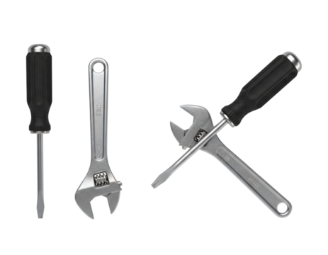 Mechanical tools collection screwdriver with spanner, isolated on transparent background