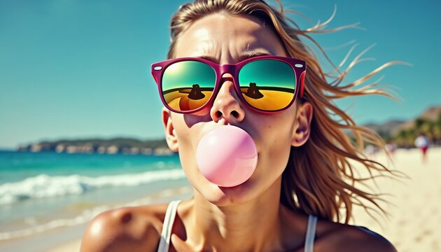 Young woman blowing chewing gum bubbles with beach backdrop in a relaxed and fun tone