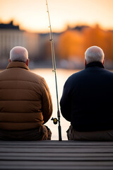 Fototapeta premium Two anglers share a serene sunset, casting lines in peaceful waters. A quiet fishing scene shows calm companionship, patience, and reflection on the dock.
