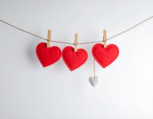 Four red hearts, one white heart, hanging on a clothesline