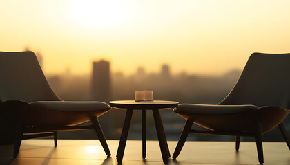 A serene skyline view is framed by two modern chairs and a small round table with a clear glass object, all bathed in a warm sunset glow on a rooftop setting. Urban tranquility.