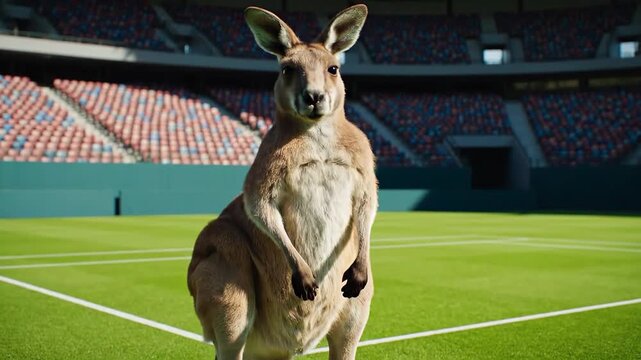 Intrigued kangaroo perched on a grassy tennis court within a stadium, clutching a bright yellow ball and surveying its surroundings. Quirky and amusing scene
