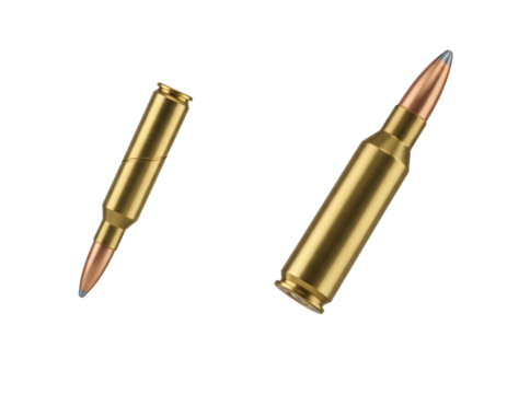 Ammunition object in free fall metallic precision design, isolated on transparent background