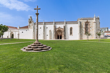 The striking white exterior of the Monastery of Jesus in Setubal, Portugal, a Manueline...
