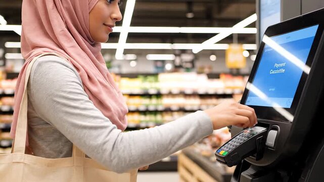 Muslim woman in her youth, donning a hijab, effortlessly uses her smartphone to make a contactless payment at a self checkout counter in a modern supermarket